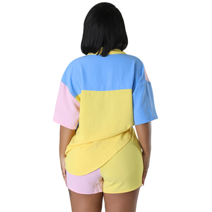 Spring And Summer Color Block Stitching Short-sleeved Shirt Pocket Shorts Suit