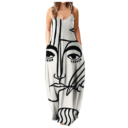 Summer Cool Strap Dress Abstract Face Style Digital Printing Elegant Street Dress