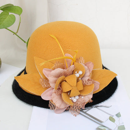 Black Brim Woolen British Feather Flower Top Hat