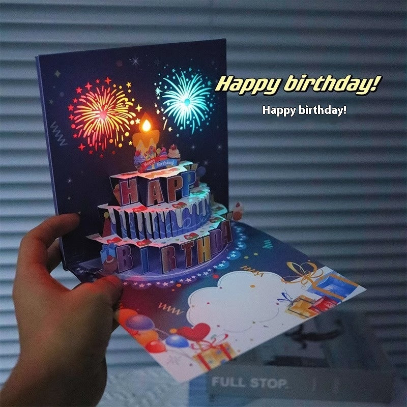 Ins Style Birthday Cake Music Light 3D Stereoscopic Greeting Cards High-end Creative Fireworks Display Effect Audio Card Cross-border