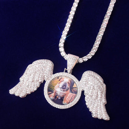 Large Winged Round Photo Copper Hip Hop Photo Frame Pendant Necklace
