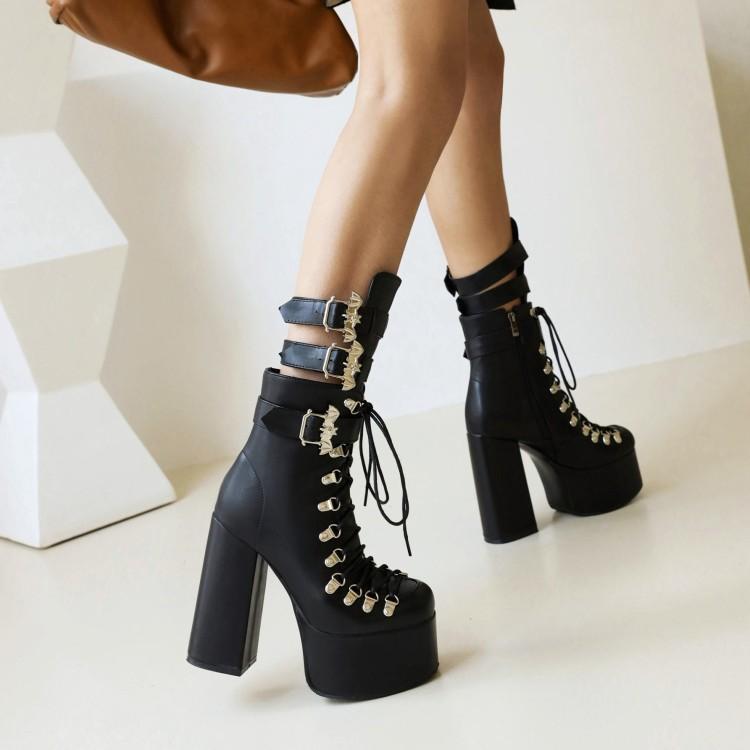 Women's Motorcycle Short Boots Lace-up Thick High-heeled