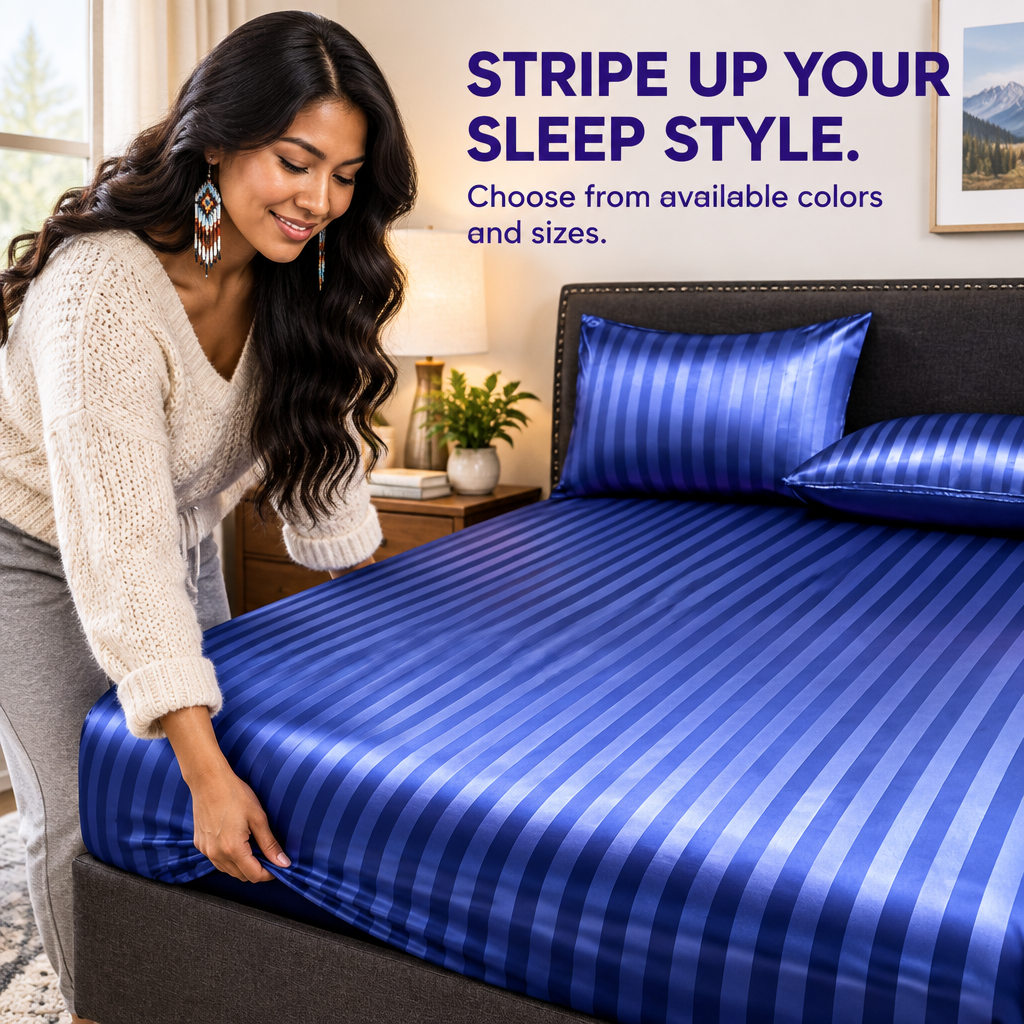 Fitted sheet ad with a Blackfoot/Native American model