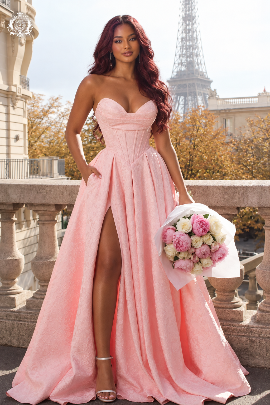 Women's Jacquard Satin Gown | Strapless Sweetheart Neckline & A-Line Slit Skirt | Prom & Formal Events