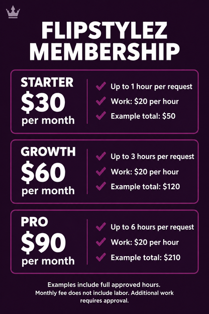 FlipStylez three-tier membership pricing graphic