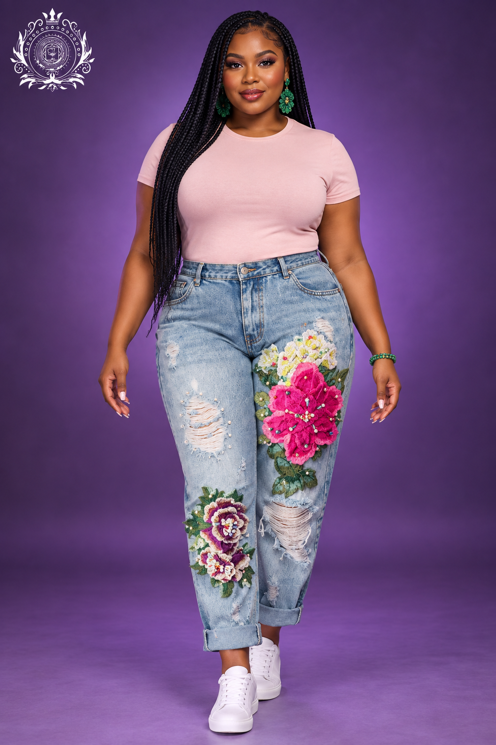 Floral jeans model with blush tee and white sneakers