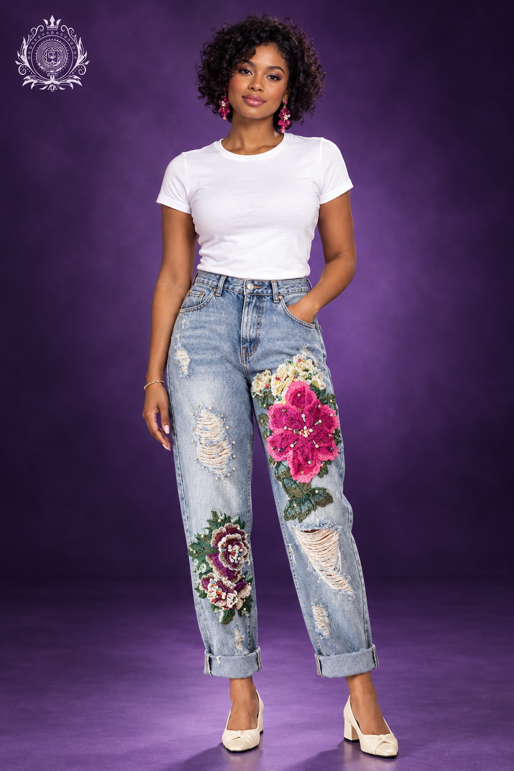 Floral jeans model with white tee and cream shoes