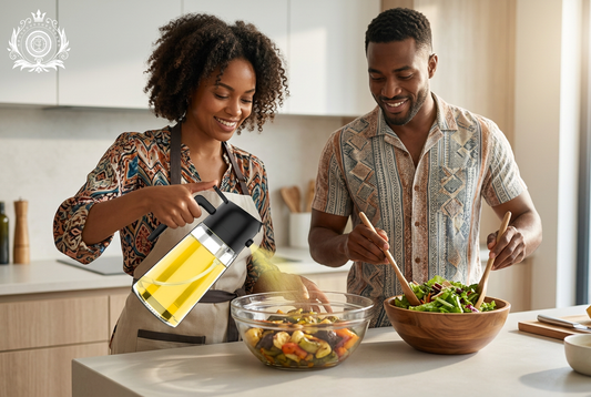 Friends using the cooking oil dispenser during meal prep