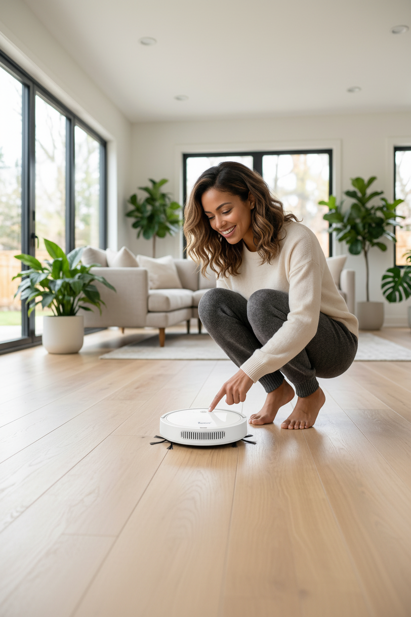 Full Body Model Touching Robot Vacuum Button - Full Scene