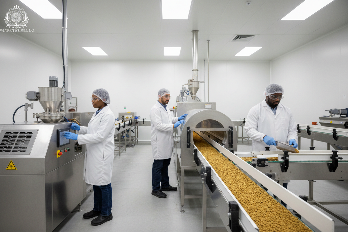 Full Team Production Line Wide Shot