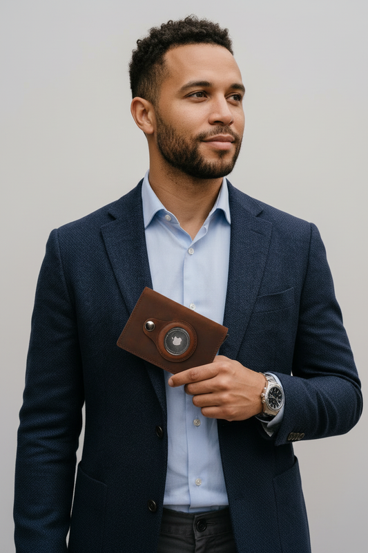Genuine Leather AirTag Wallet - Bi-Racial Male Model