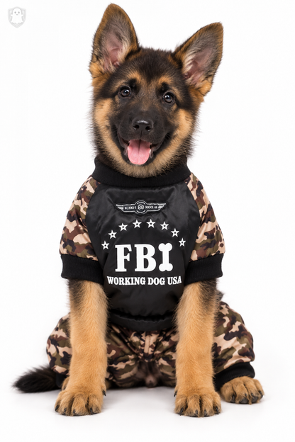 German Shepherd puppy in FBI Working Dog USA coat