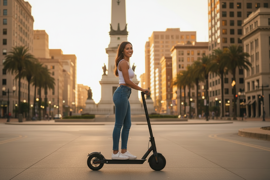 Girl on scooter turned smiling at camera with Monument Circle