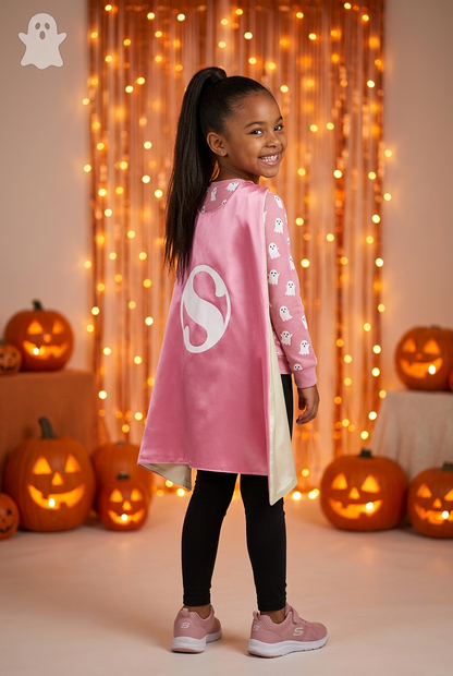 Girl wearing pink superhero cape at a Halloween party