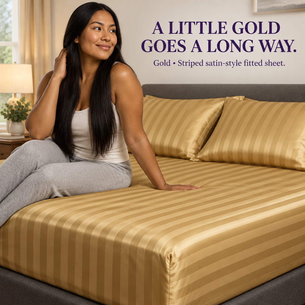 Gold fitted-sheet ad with a Blackfoot/Native American model