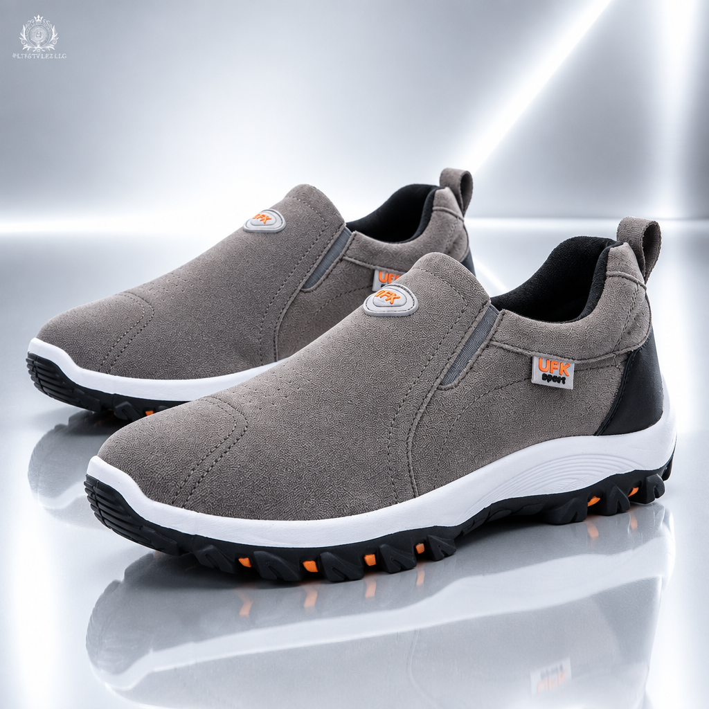 Gray men’s shoes in a silver futuristic studio