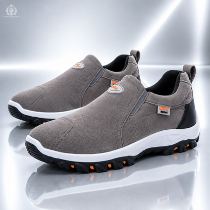 Gray men’s shoes in a silver futuristic studio