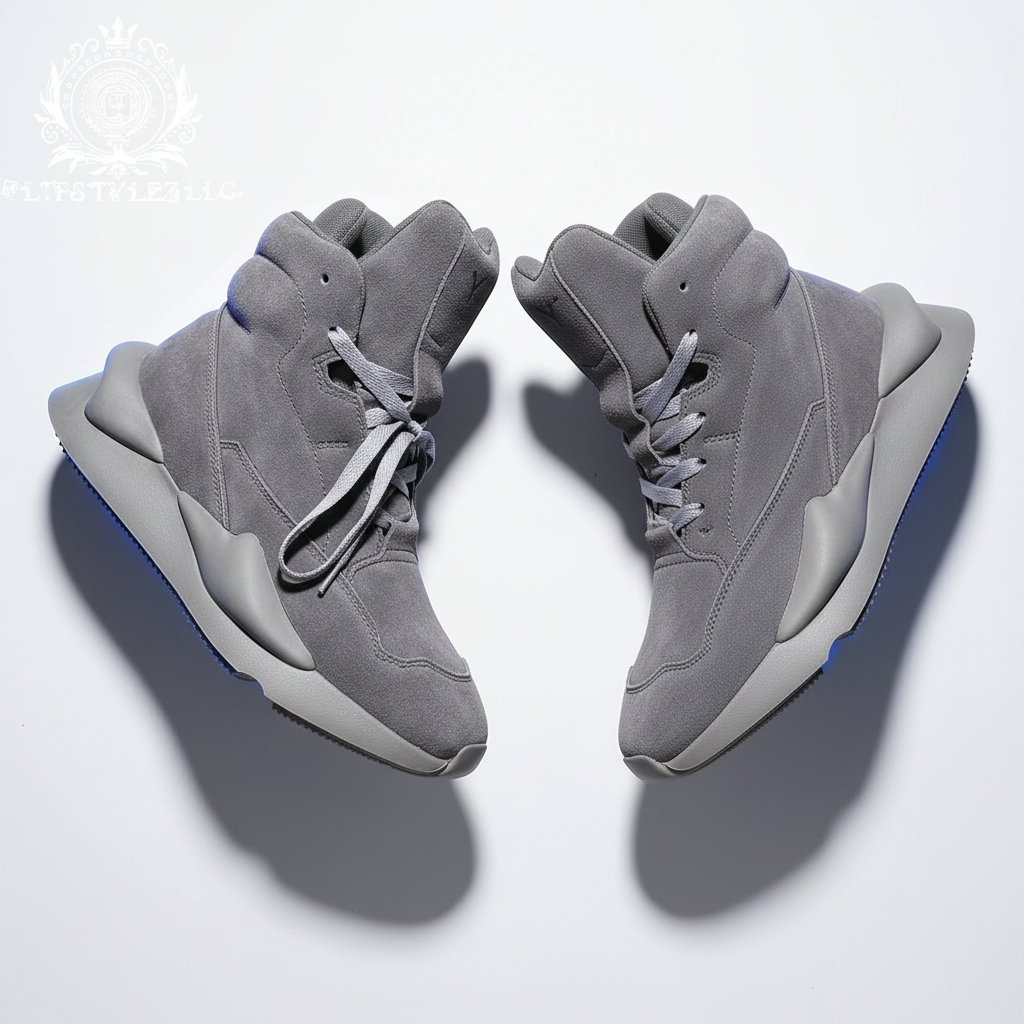 Gray suede high-top shoes in a dynamic top-down 3D angle
