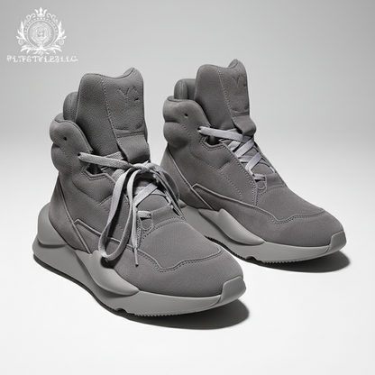 Gray suede high-top shoes in a realistic low hero angle