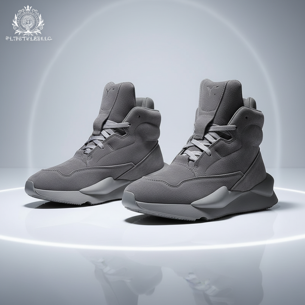 Gray suede high-tops from a front-left three-quarter angle