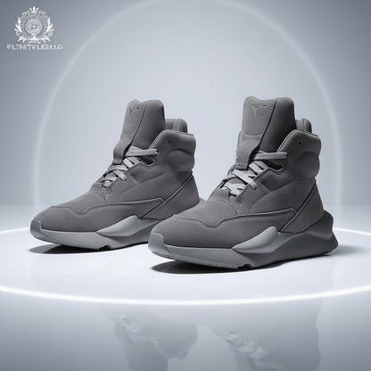 Gray suede high-tops from a front-left three-quarter angle
