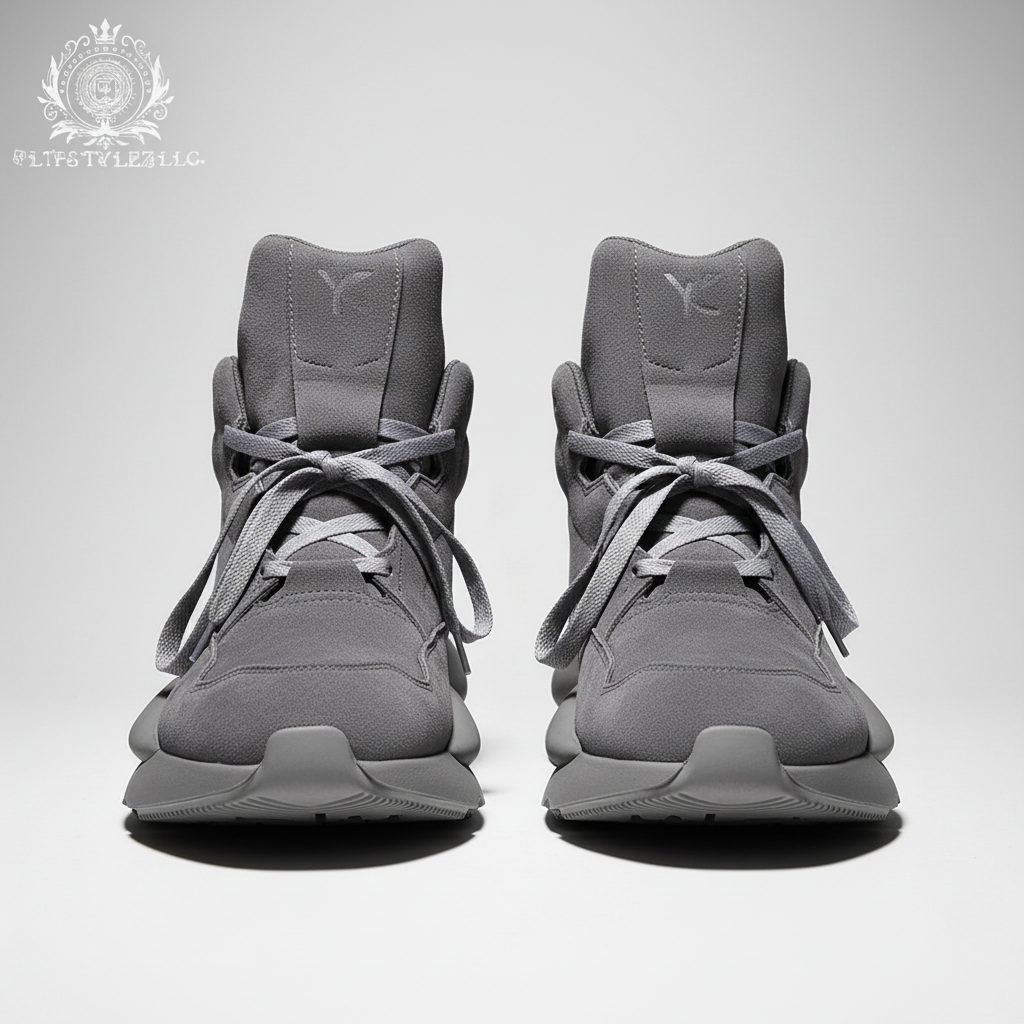 Gray suede high-tops from a straight-on low front angle
