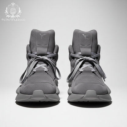 Gray suede high-tops from a straight-on low front angle