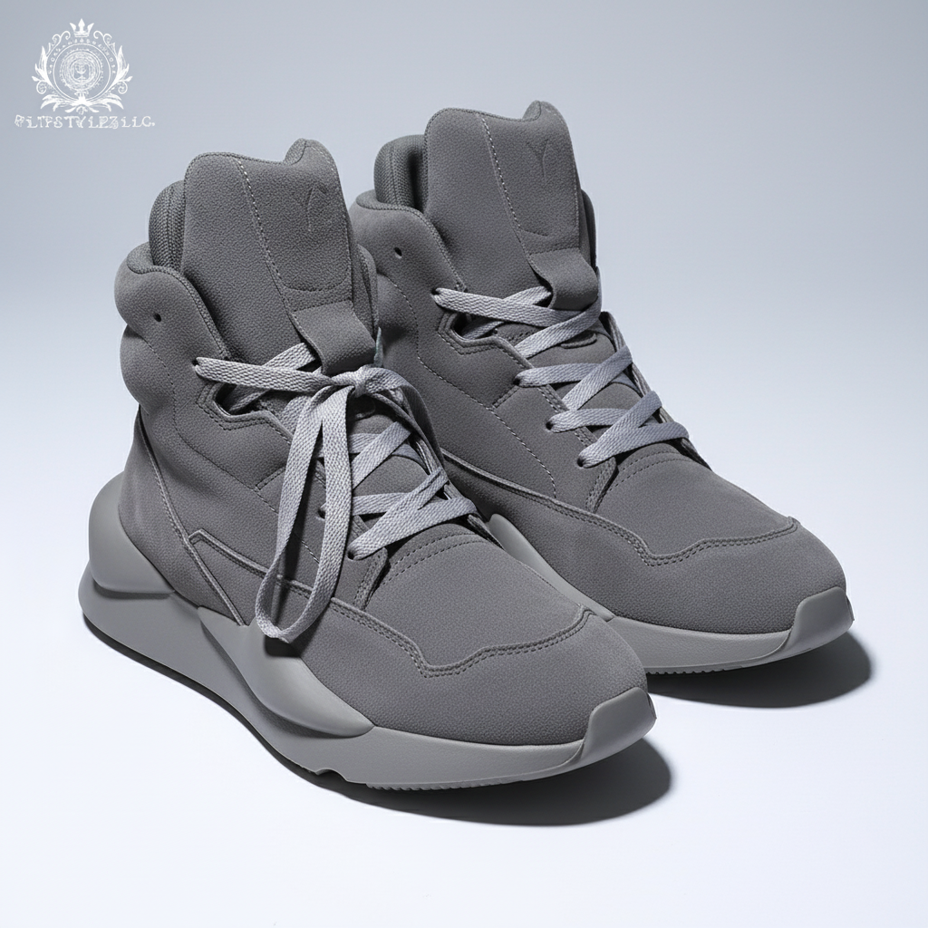 Gray suede high-tops from an elevated front-right angle