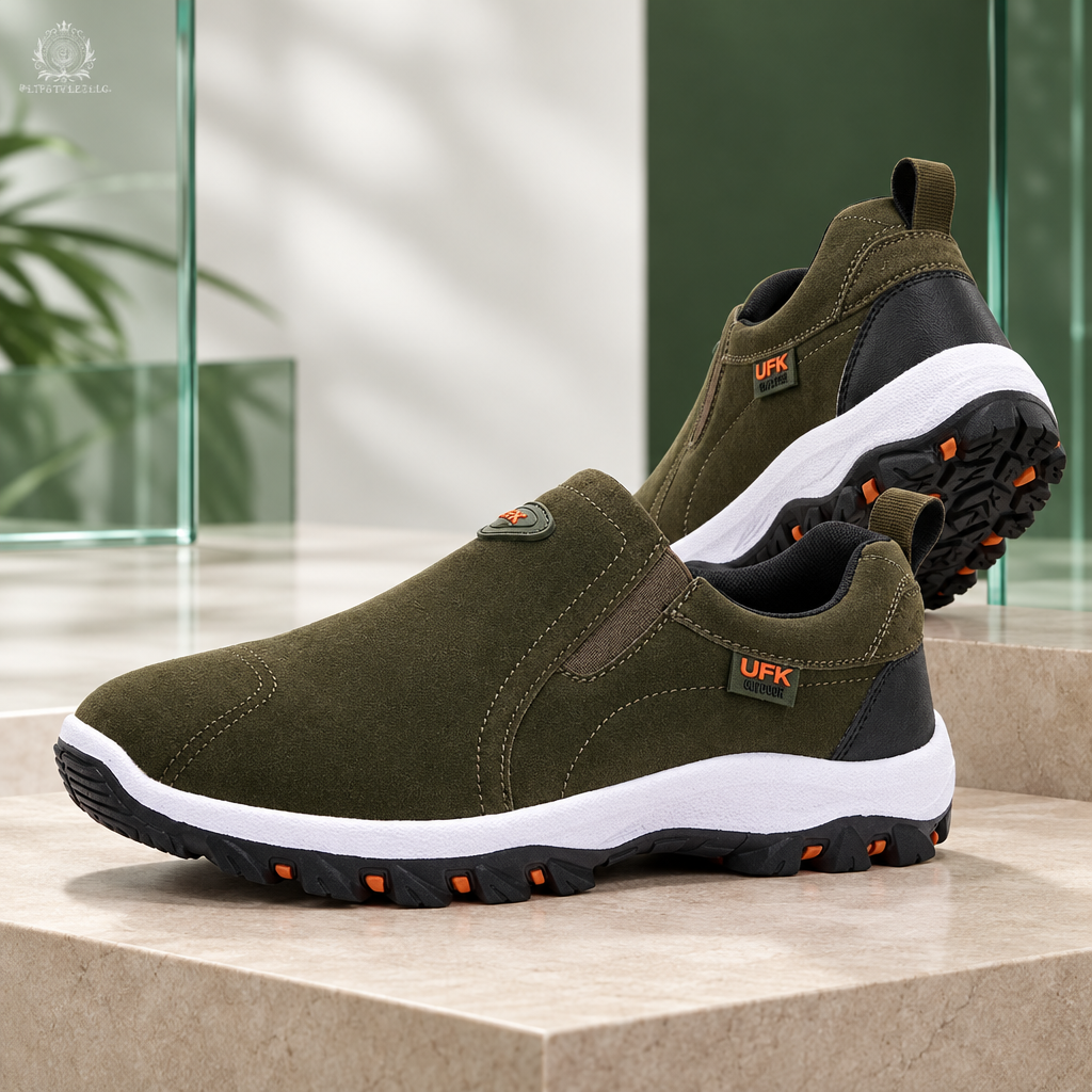 Green men’s shoes in a forest-green commercial studio