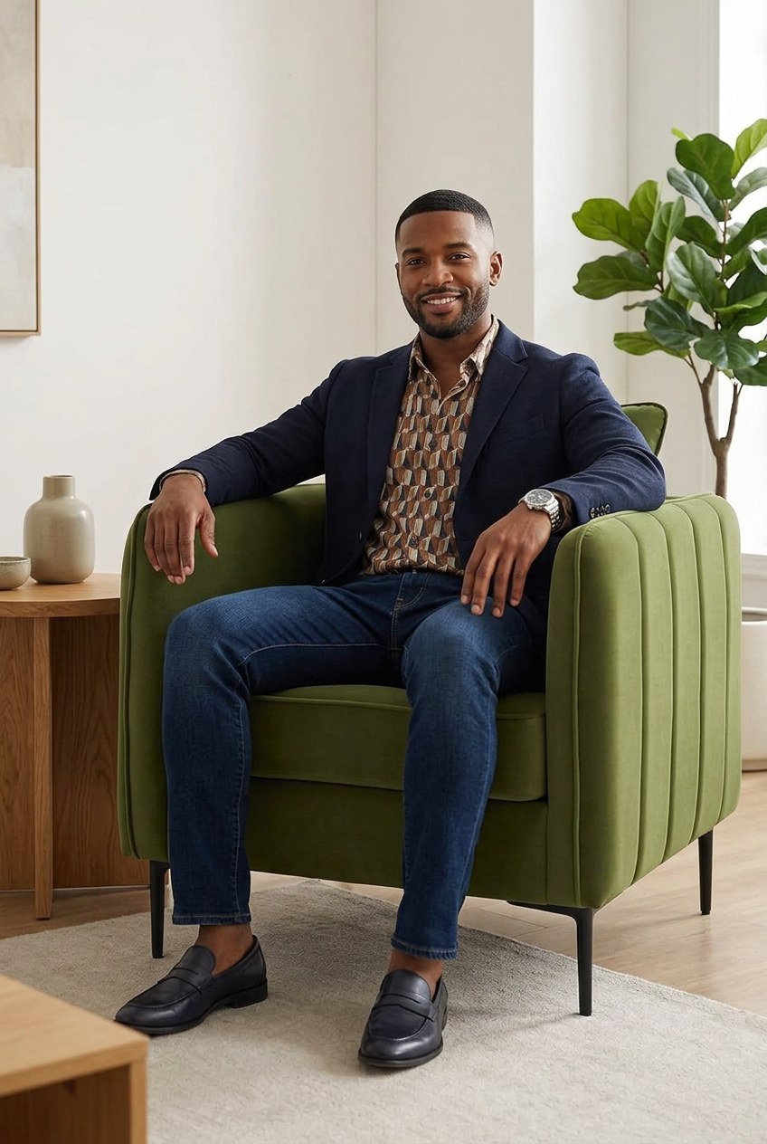 Handsome man seated in the green velvet accent chair