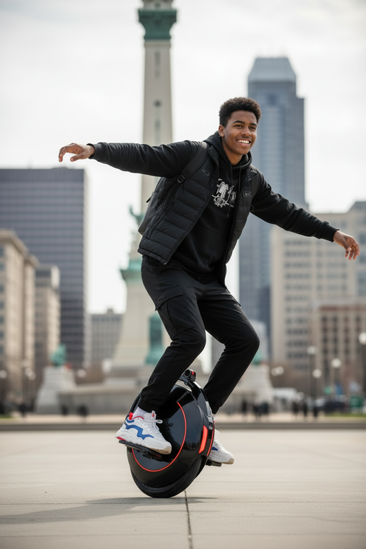 Happy Biracial Teen Riding Unicycle Downtown Indianapolis