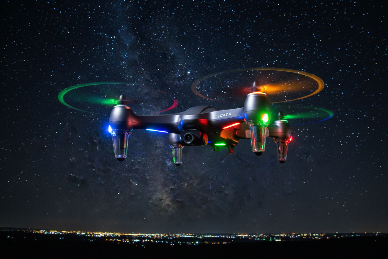 iCAT2 Silver Drone Flying at Night with Stars