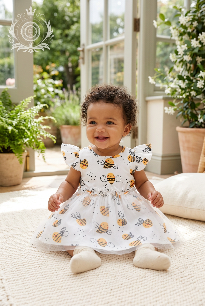 Image 1 replacement, baby girl wearing the bee-print dress