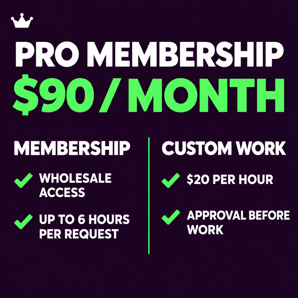 Pro membership $90 per month; wholesale access and requests up to six hours; approved custom work $20 per hour