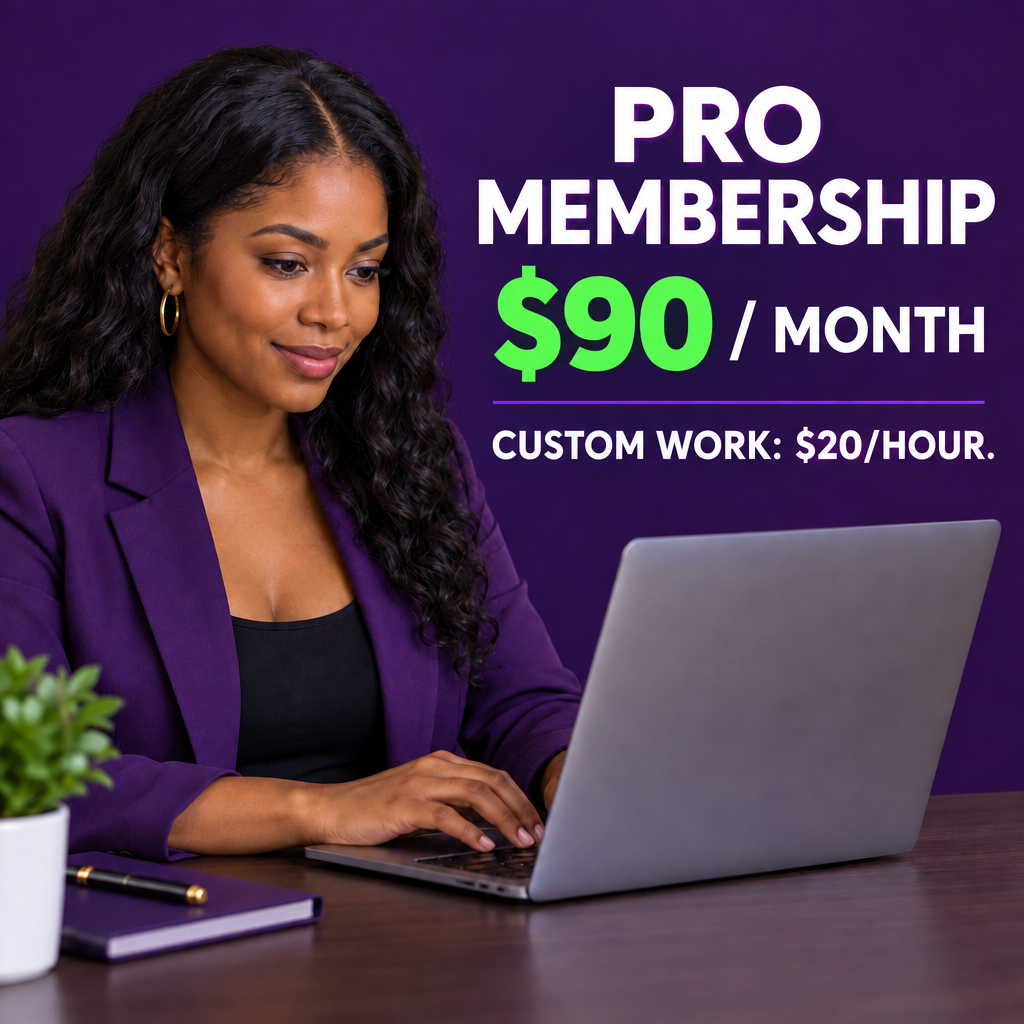 Pro membership $90 per month; custom work $20 per hour separately