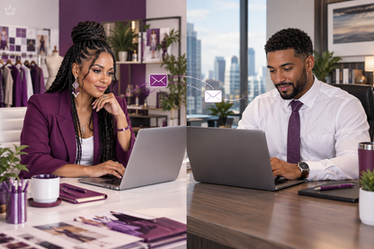 Conceptual split-screen business consultation: woman boutique owner and male business partner exchanging emails from separate laptops