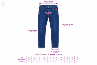 Jeans size chart laid flat straight with dimension labels