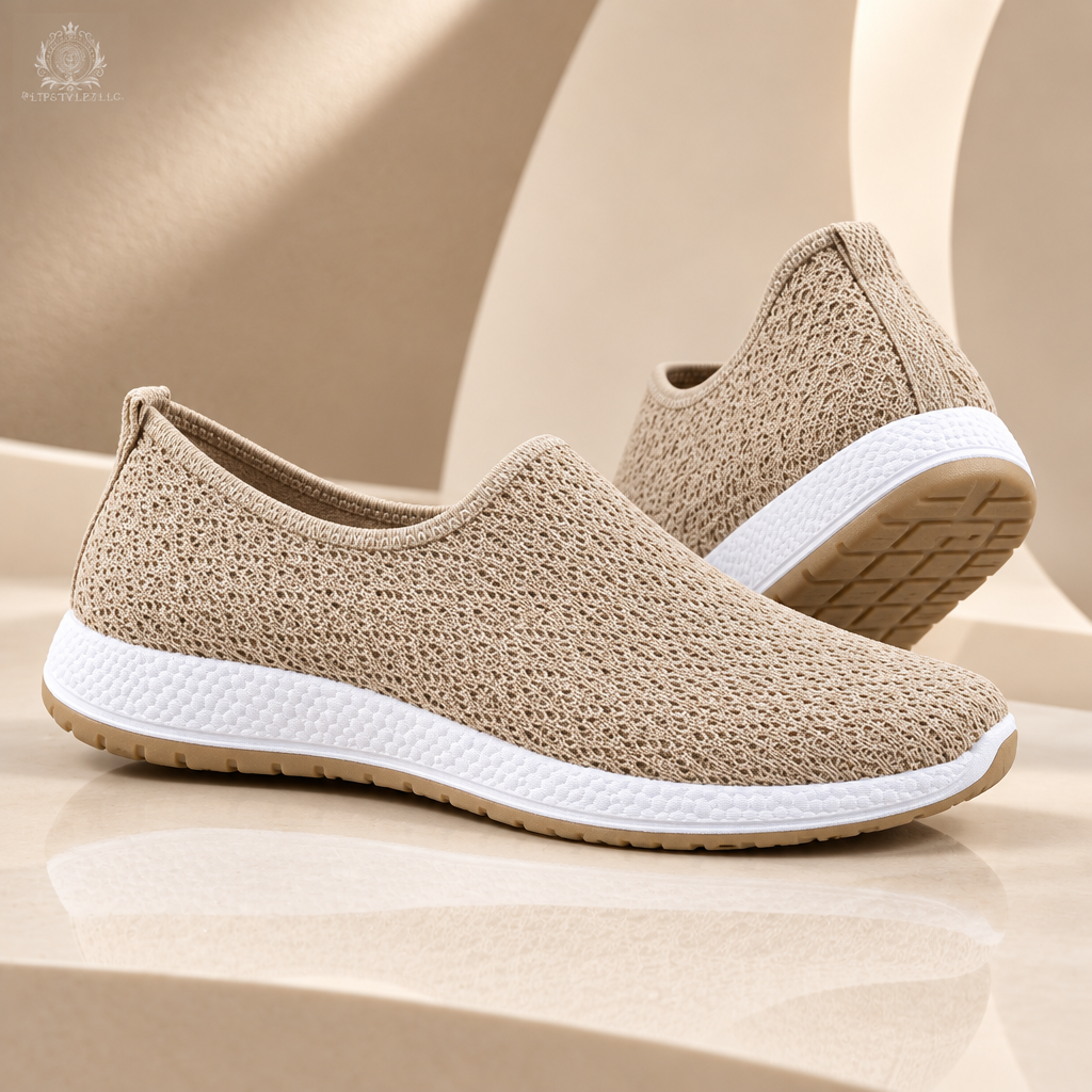 Khaki women’s flats in a cream and sand studio