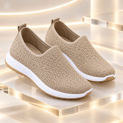 Khaki women’s flats in a futuristic champagne studio