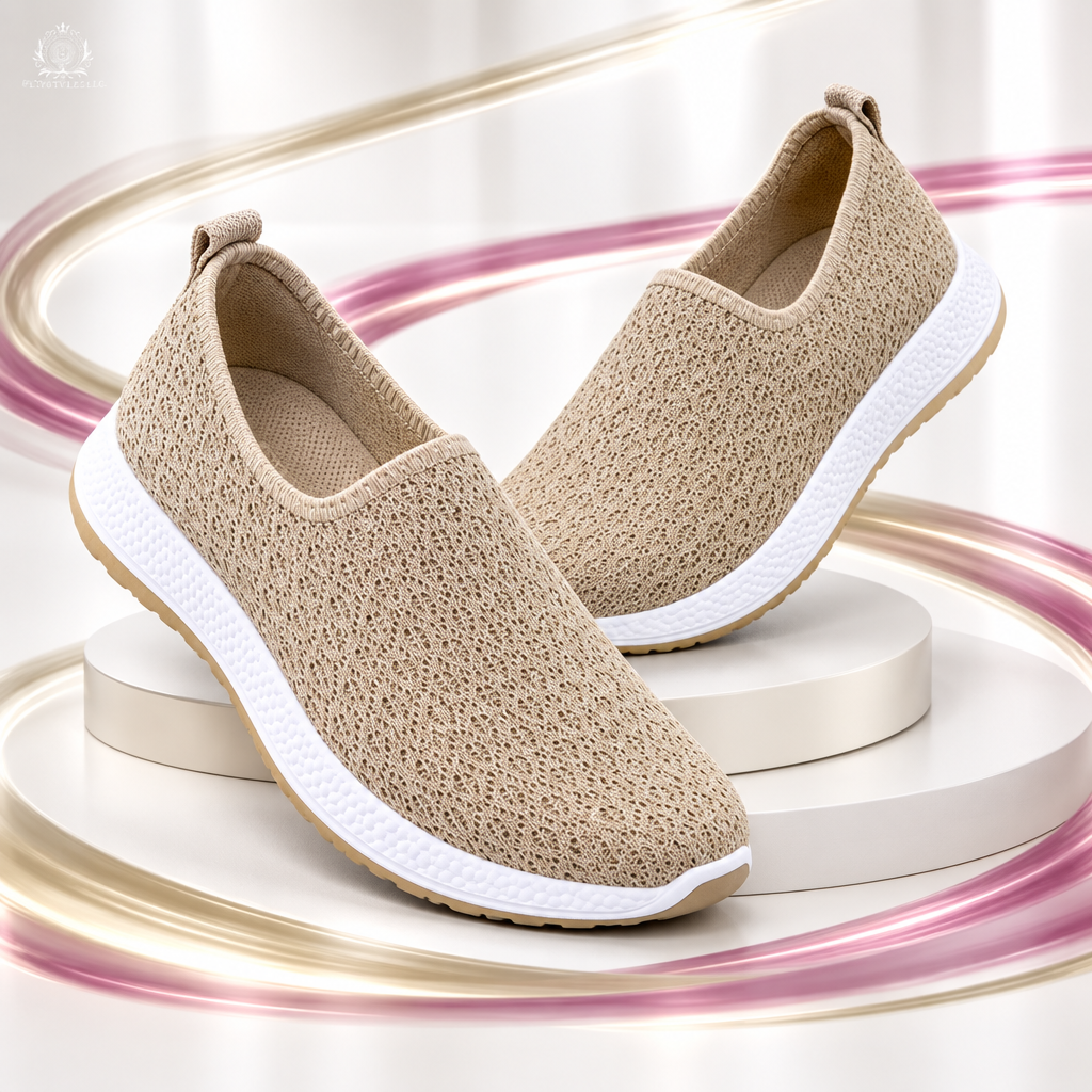 Khaki women’s flats in a modern white and khaki studio
