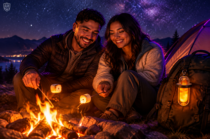 Latino couple roasting marshmallows with lantern