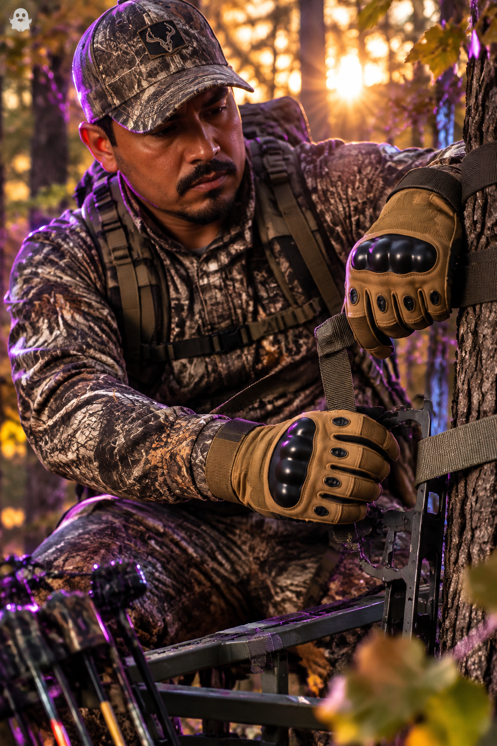 Latino man hunting with khaki gloves
