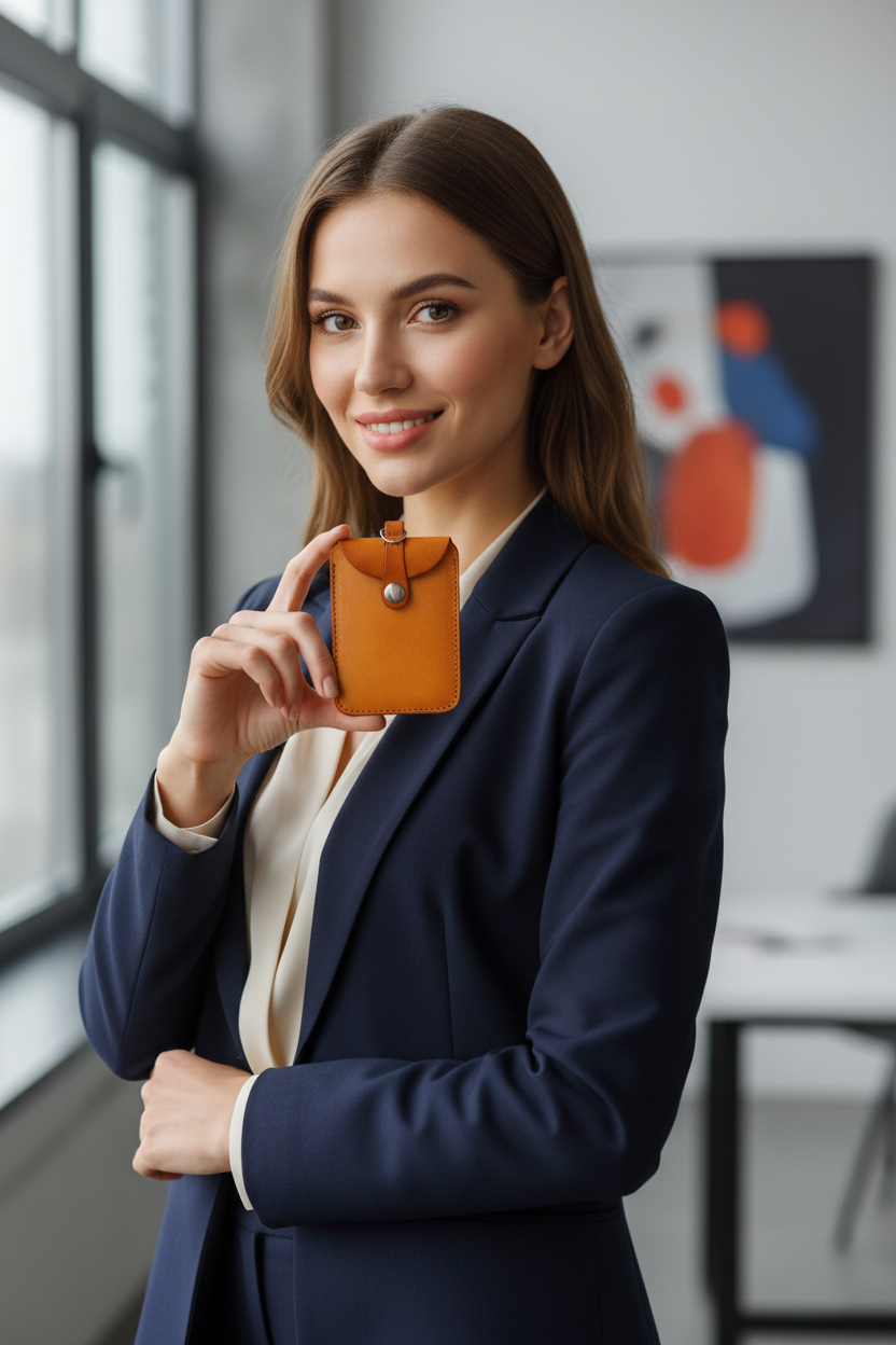 Leather ID Badge Holder - Beautiful Female Model