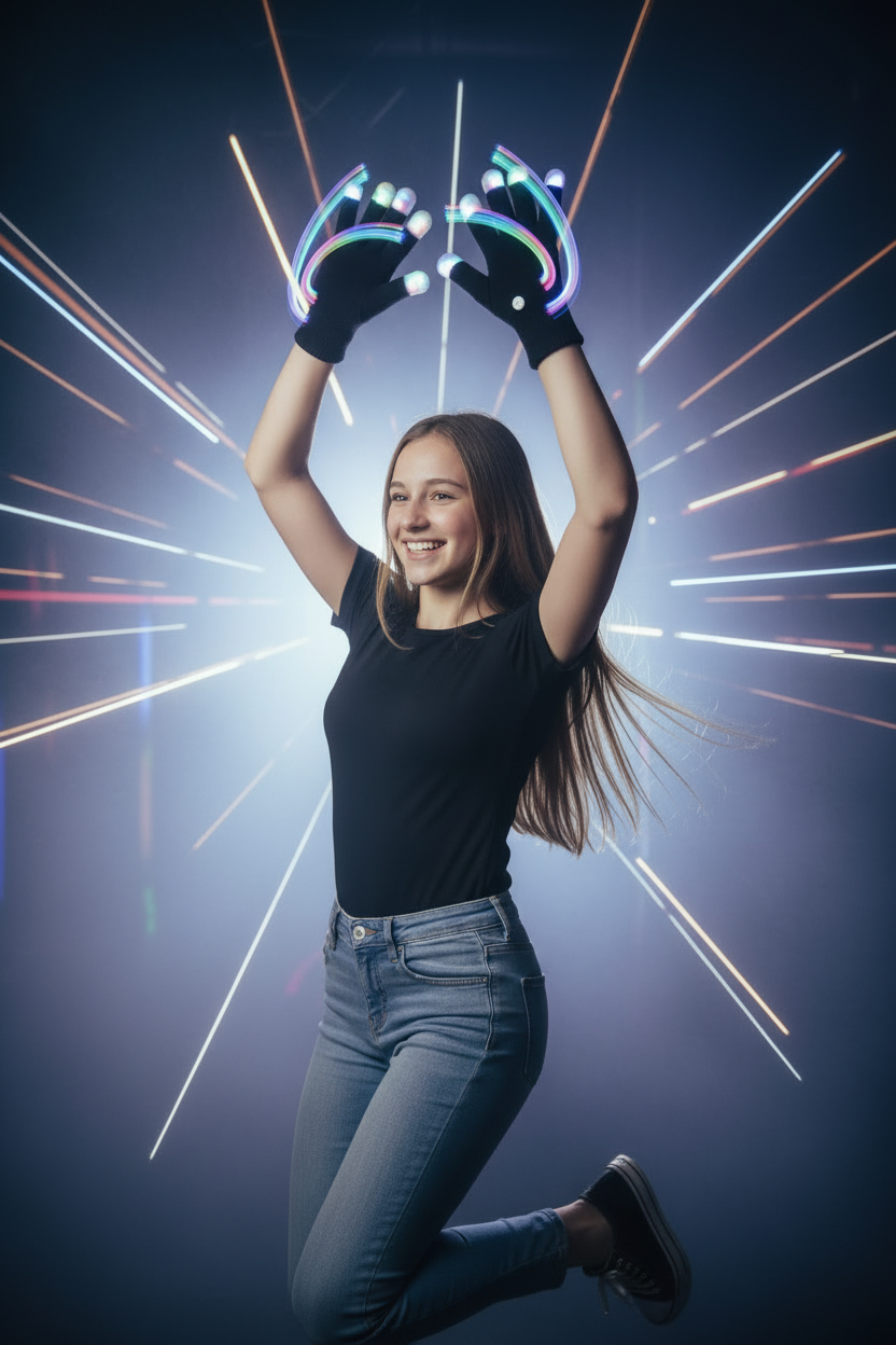 LED Gloves Light Brown Skin Dark Brown Hair Teen Model