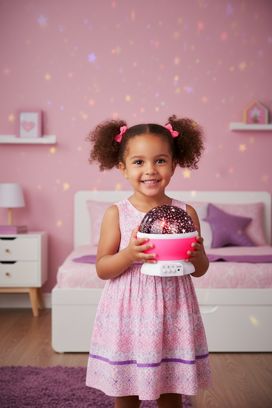 Light brown skin girl with pink star projector