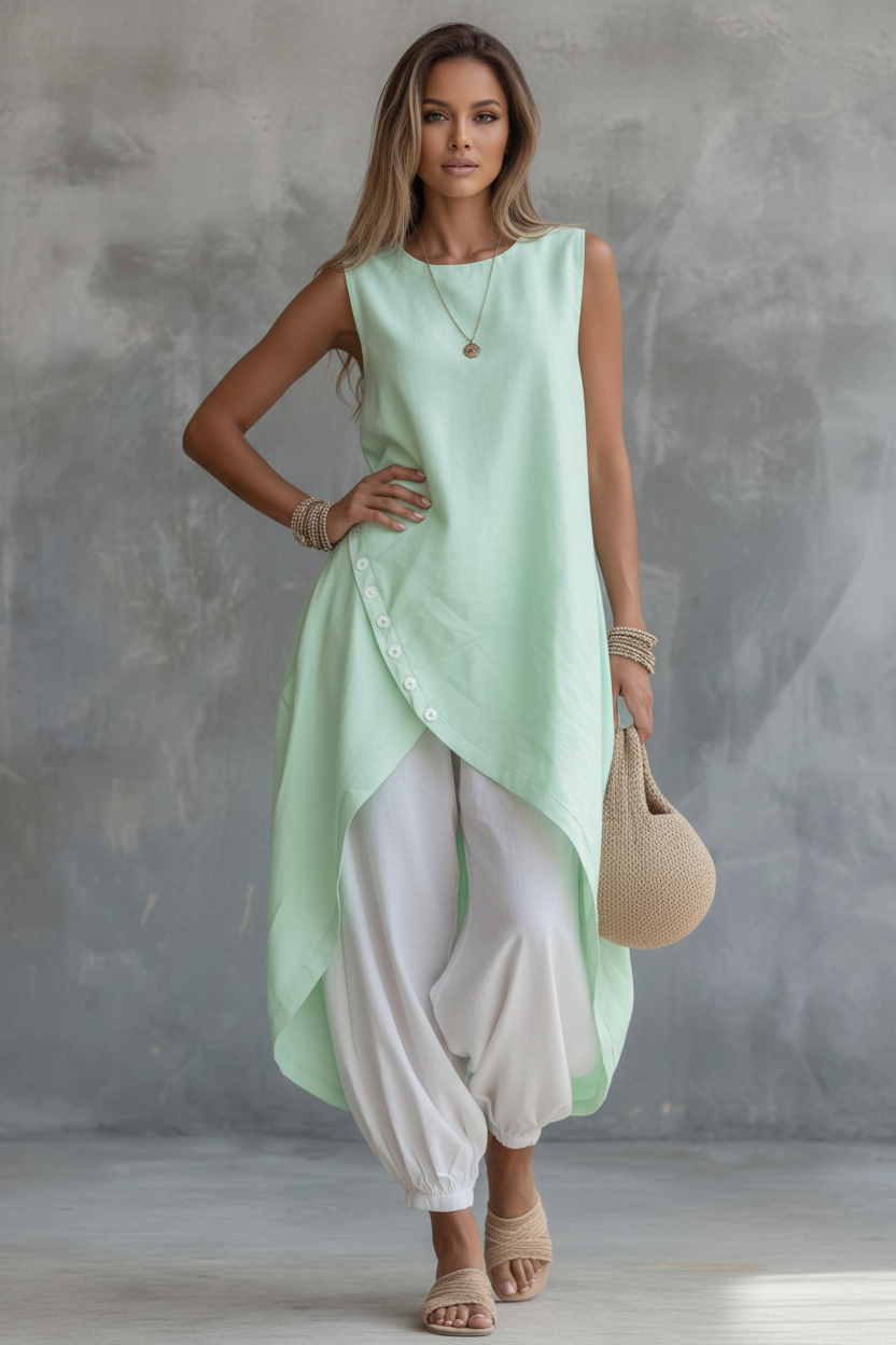 Light skin brown model in mint green 2PCS set