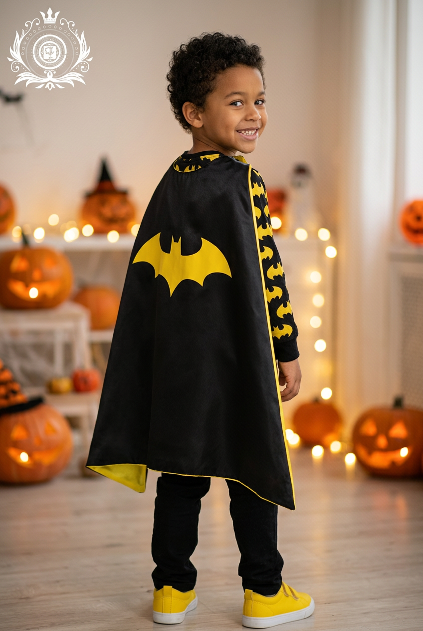 Little boy wearing Batman cape at a Halloween party