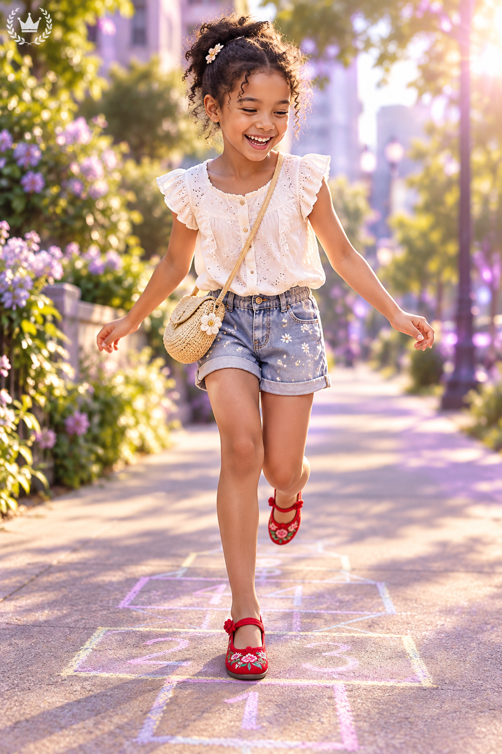 Little girl playing hopscotch wearing red embroidered cheongsam shoes