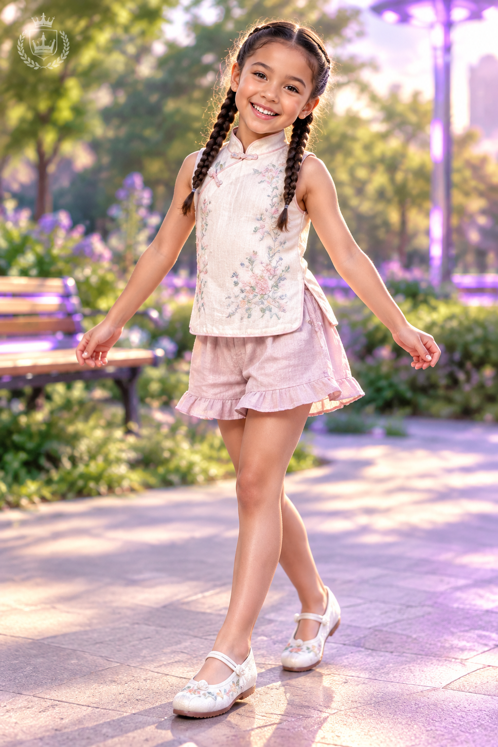 Little girl playing in the park wearing embroidered cheongsam shoes