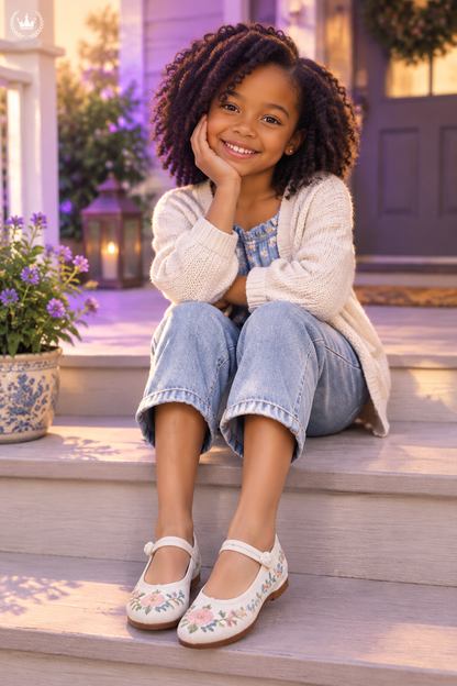 Little girl sitting on porch steps wearing embroidered cheongsam shoes